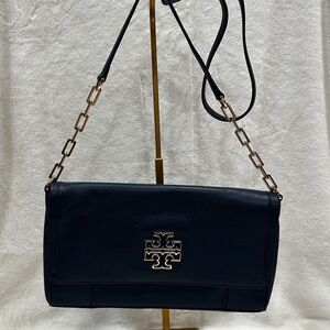 Tory Burch Navy Blue Britten Leather Crossbody Bag Gold Logo Authentic